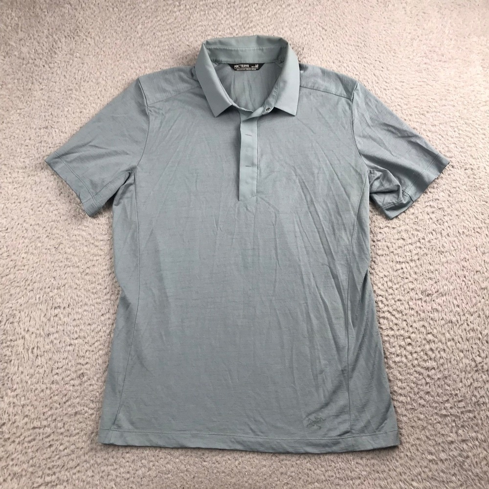 Arcteryx A2B Polo Shirt Men S Gray/Blue Short Sleeve Snap Placket Performance